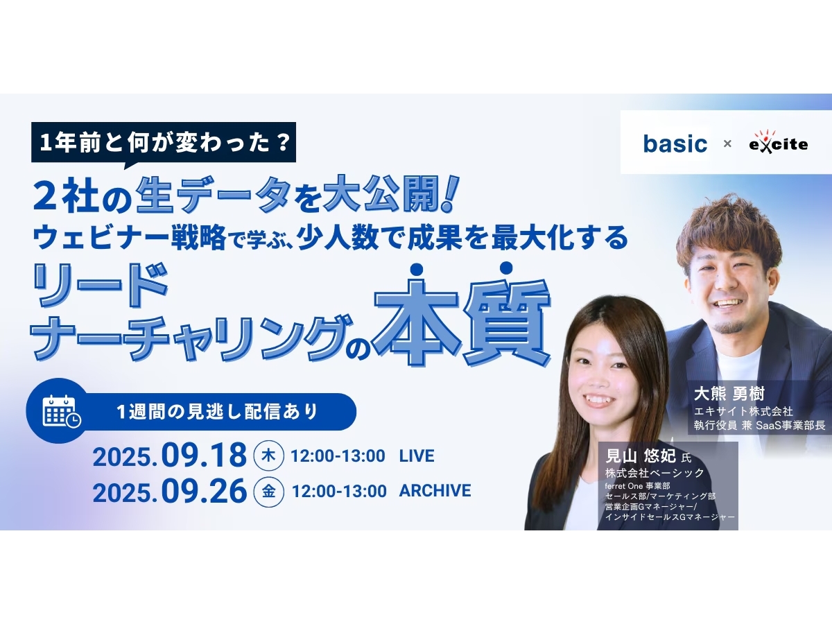 イベント「【9/18(木)、9/26(金)】1年前と何が変わった？2社の生データを大公開！ ウェビナー戦略で学ぶ、少人数で成果を最大化するリードナーチャリングの本質」の見出し画像